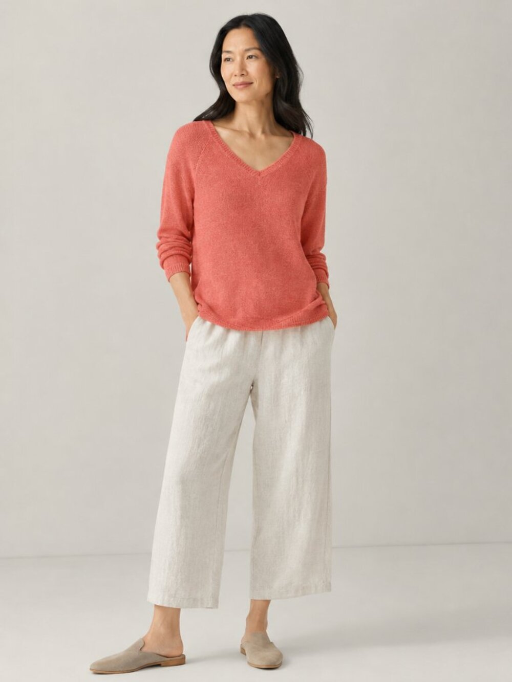 Eileen Fisher NWOT Linen Long Sleeve Boxy Sweater Size XL in Salmon Color
